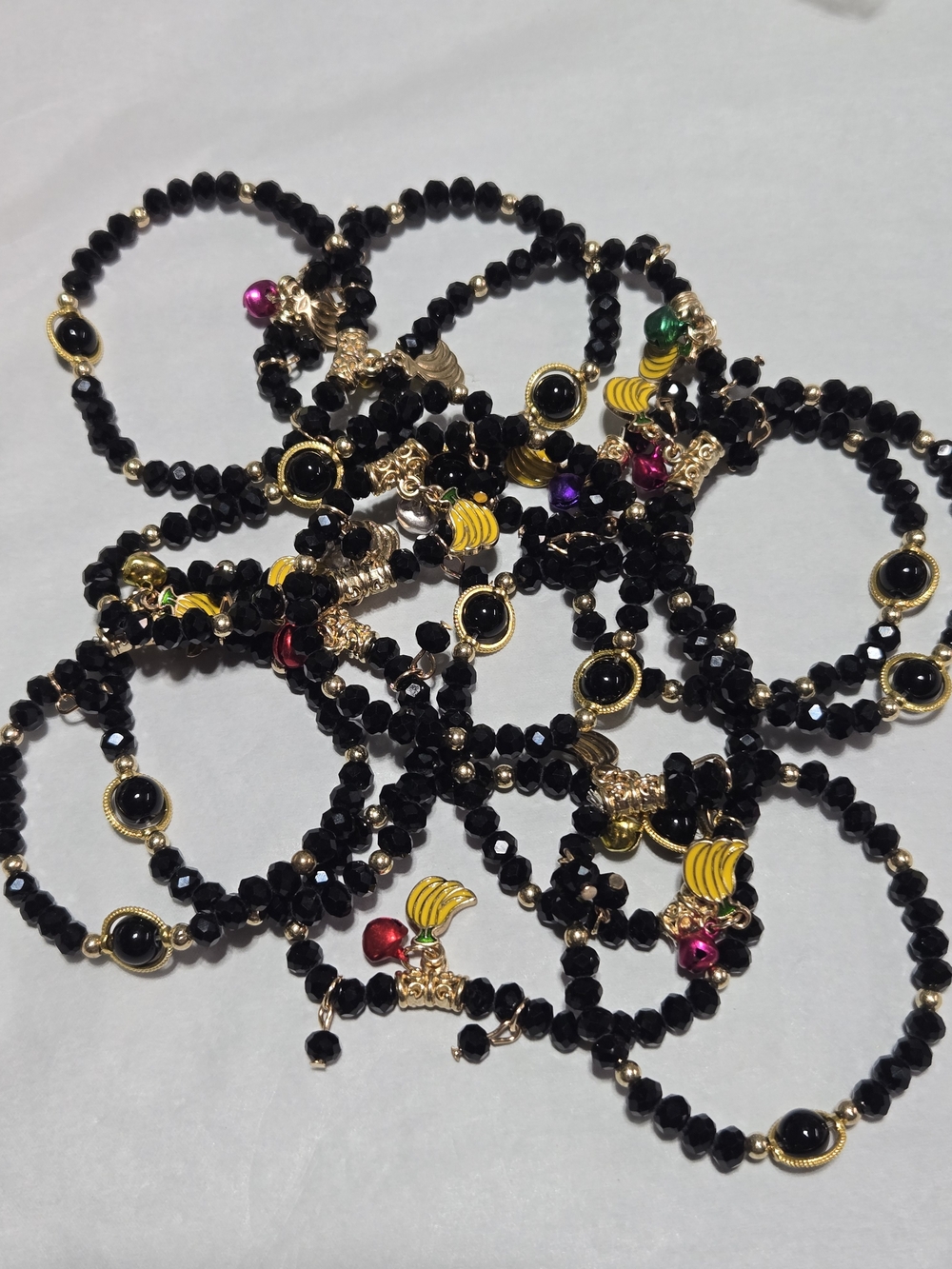 6mm- Black Beaded Stretch Bracelet with Gold Accents and Colorful Charms -for 1